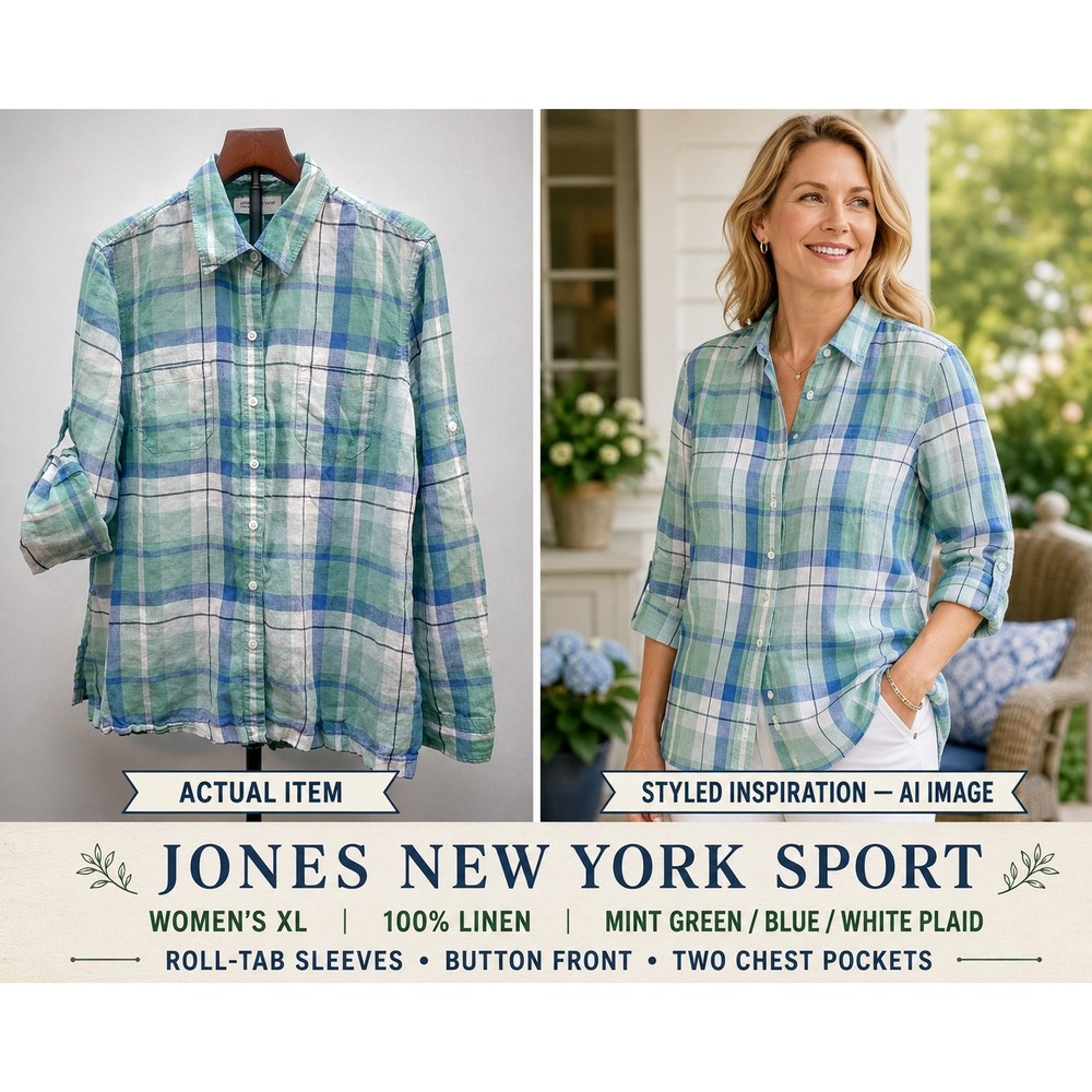 Jones NY Sport 100% Linen Beachy Resort Roll Tab Sleeves Green/Blue Shirt . XL